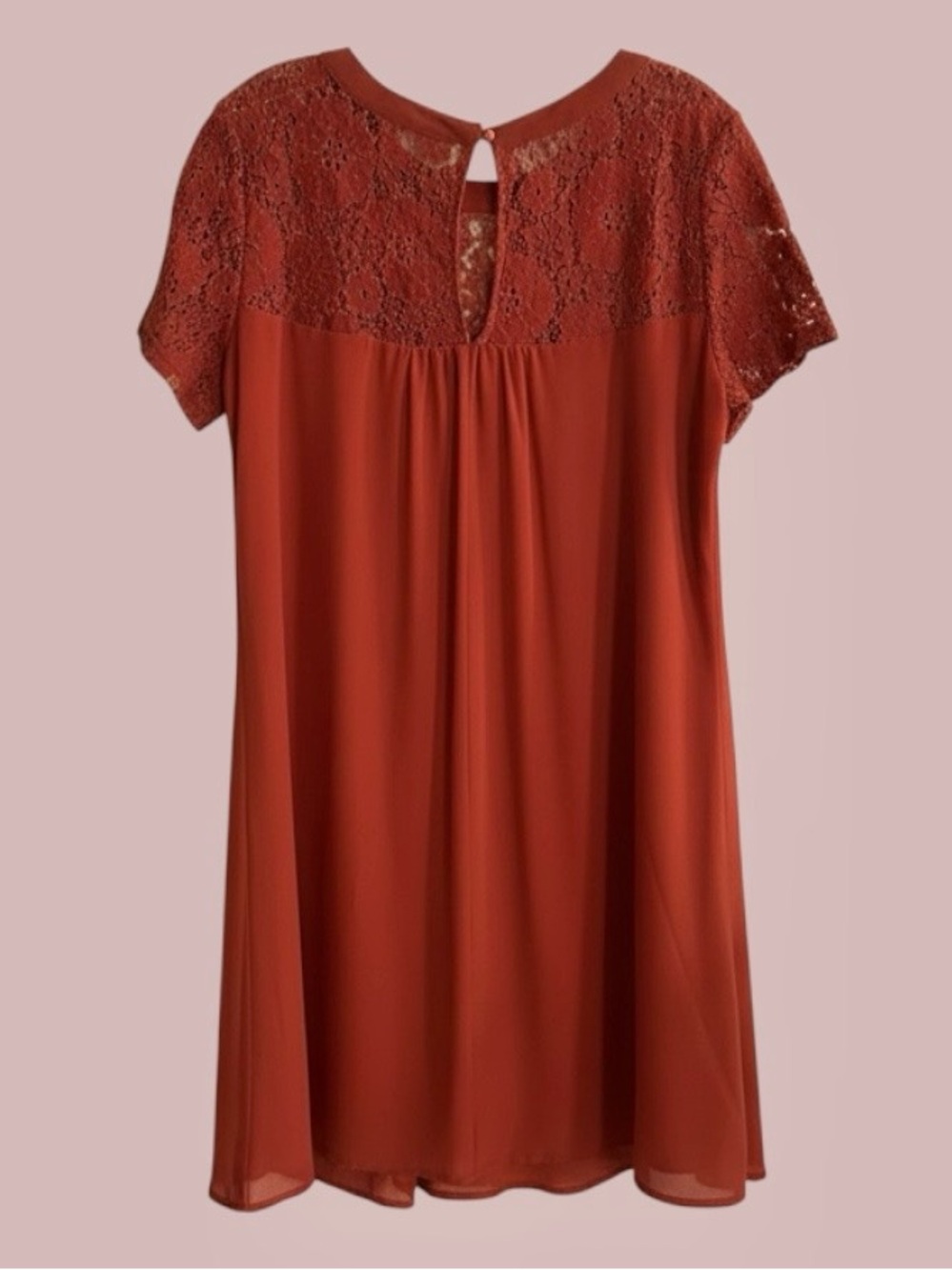 💐NWT Vanberfia Women's Plus Lace Yoke Short Sleeve Slip Dress - Rust - Picture 2 of 5